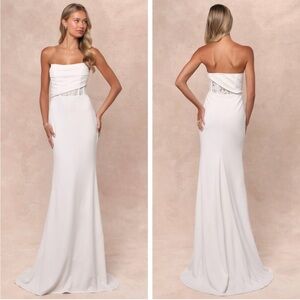 Lulus Avowed Adoration White Sheer Lace Pleated Strapless Wedding Dress M